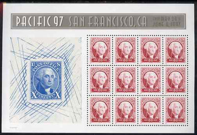 United States 1997 'Pacific 97' International Stamp Exhibition (2nd issue) - 150th Anniversary of first US Postage Stamps m/sheet of 12 x 60c (George Washington) unmounted mint, SG MS 3302b