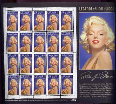 United States 1995 Legends of Hollywood 32c Marilyn Monroe in sheet of 20 with enlarged right-hand margin, unmounted mint SG 3046