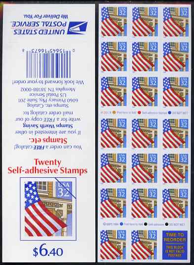 United States 1995 Flag over Porch $6.40 booklet of 20 x 32c self-adhsive plus one label (Stamps etc on back cover) pristine, SG SB 204a