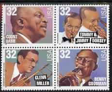 United States 1996 Big Band Leaders se-tenant block or strip of 4 (Count Basie, Tommy & Jimmy Dorsey, Glenn Miller, Benny Goodman) unmounted mint, SG 3234a