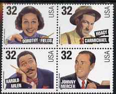 United States 1996 Songwriters se-tenant block or strip of 4 (Harold Arlen, Johnny Mercer, Dorothy Fields, Hoagy Carmichael) unmounted mint, SG 3238a
