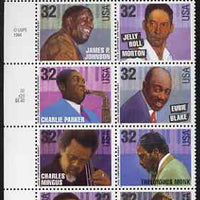 United States 1995 Jazz Musicians se-tenant blocks of 10 (Coleman Hawkins, Louis Armstrong, James Johnson, Jelly Roll Morton, Charlie Parker, Eubie Blake, Charles Mingus, Thelonious Monk, John Coltrane, Erroll Garner) unmounted mint, SG 3101a
