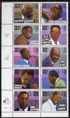 United States 1995 Jazz Musicians se-tenant blocks of 10 (Coleman Hawkins, Louis Armstrong, James Johnson, Jelly Roll Morton, Charlie Parker, Eubie Blake, Charles Mingus, Thelonious Monk, John Coltrane, Erroll Garner) unmounted mint, SG 3101a
