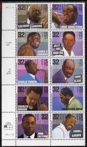 United States 1995 Jazz Musicians se-tenant blocks of 10 (Coleman Hawkins, Louis Armstrong, James Johnson, Jelly Roll Morton, Charlie Parker, Eubie Blake, Charles Mingus, Thelonious Monk, John Coltrane, Erroll Garner) unmounted mint, SG 3101a