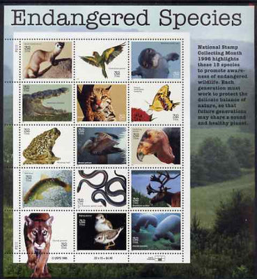 United States 1996 Endangered species set of 15 in complete sheet with enlarged right-hand margin, unmounted mint, SG 3254a