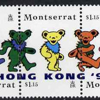 Montserrat 1997 Hong Kong 97 Stamp Exhibition overprinted on strip of 3 Grateful Dead Teddy Bears, unmounted mint SG 1034-6