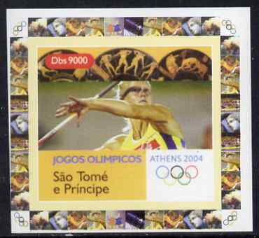 St Thomas & Prince Islands 2004 Athens Olympic Games #3 - Javelin individual imperf deluxe sheet unmounted mint. Note this item is privately produced and is offered purely on its thematic appeal