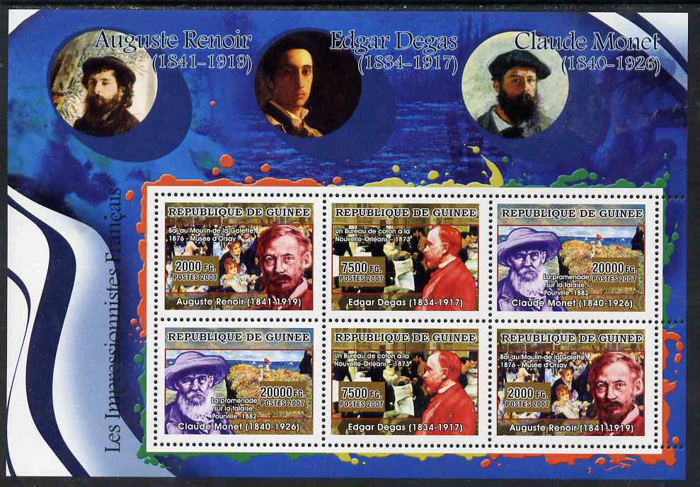 Guinea - Conakry 2007 French Impressionists #1 perf sheetlet containing 6 values (2 sets of 3) unmounted mint