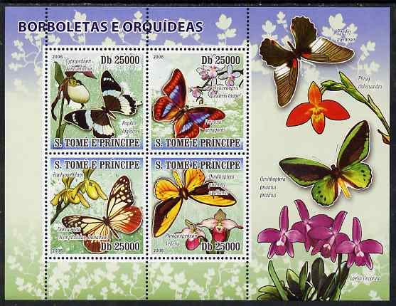 St Thomas & Prince Islands 2008 Butterflies & Orchids perf sheetlet containing 4 values unmounted mint