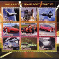 Malawi 2008 Fastest Transport Vehicles (Shuttle, Ferrari & TGV) perf sheetlet containing 9 values unmounted mint