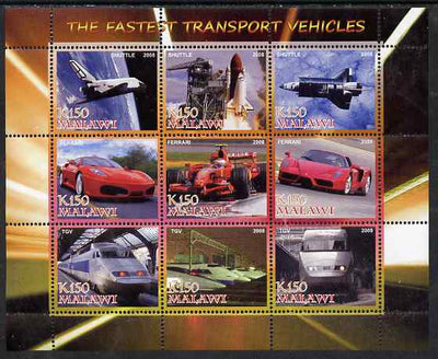 Malawi 2008 Fastest Transport Vehicles (Shuttle, Ferrari & TGV) perf sheetlet containing 9 values unmounted mint