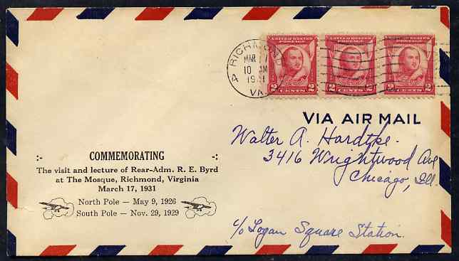 United States 1931 Commemorative cover for visit of Rear-Adm Byrd to Richmond Mosque