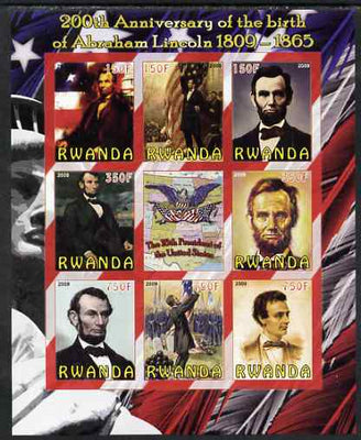 Rwanda 2009 200th Birth Anniversary of Abraham Lincoln imperf sheetlet containing 9 values unmounted mint