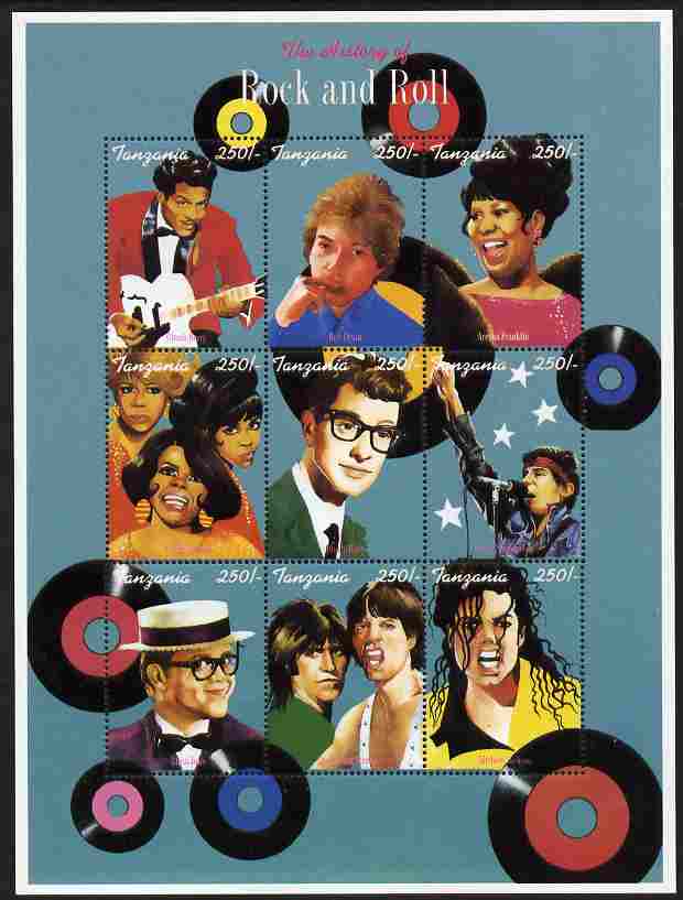 Tanzania 1995 History of Rock and Roll perf sheetlet containing 9 values unmounted mint