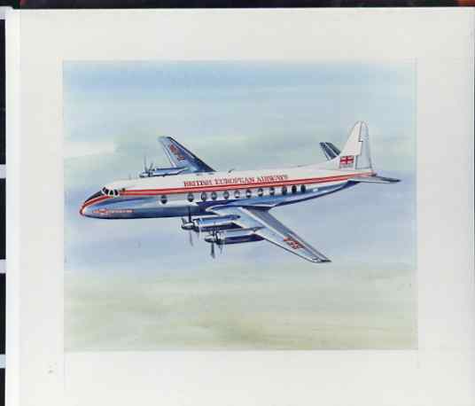Isle of Man 1984 50th Anniversary of First Air Mail & ICAO Anniversary - original hand-painted artwork by A D Theobald showing BEA Vickers Viscount, as used to illustrate Benham silk first day cover (28p value), mounted on board 6……Details Below