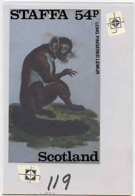 Staffa 1983 Primates (Long Fingered Lemur) original composite artwork believed to be from the B L Kearley Studio, comprising a coloured photograph mounted on board 120 x 170 mm with overlay, plus issued 54p perf label incorporating this image