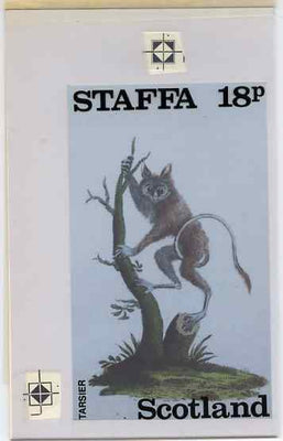Staffa 1983 Primates (Tarsier) original composite artwork believed to be from the B L Kearley Studio, comprising a coloured photograph mounted on board 115 x 180 mm with overlay, plus issued 18p perf label incorporating this image