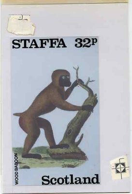 Staffa 1983 Primates (Wood Baboon) original composite artwork believed to be from the B L Kearley Studio, comprising a coloured photograph mounted on board 120 x 180 mm with overlay, plus issued 32p perf label incorporating this image