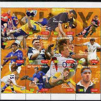 St Thomas & Prince Islands 2004 Rugby perf sheetlet containing 9 values plus 3 labels, unmounted mint. Note this item is privately produced and is offered purely on its thematic appeal
