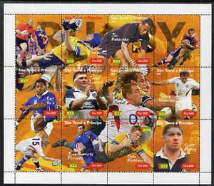 St Thomas & Prince Islands 2004 Rugby perf sheetlet containing 9 values plus 3 labels, unmounted mint. Note this item is privately produced and is offered purely on its thematic appeal