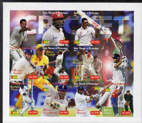 St Thomas & Prince Islands 2004 Cricket imperf sheetlet containing 9 values plus 3 labels, unmounted mint. Note this item is privately produced and is offered purely on its thematic appeal