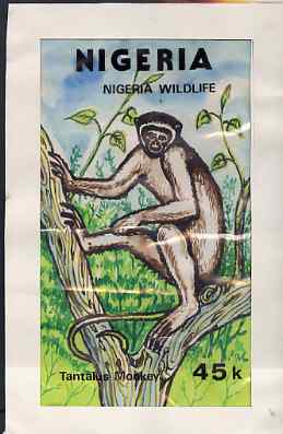 Nigeria 1984 Nigerian Wildlife - original hand-painted artwork for 45k value (Tantalus Monkey) by Godrick N Osuji on card 5 inches x 8.5 inches endorsed D2
