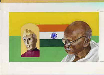 Chad 2009 Mahatma Gandhi original hand-painted artwork for 500F value showing portrait of Gandhi with Nehru & Indian Flag, on board 9 x 5 inches, without overlay
