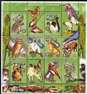 Madagascar 1999 Animals of the World perf sheetlet #1 containing 9 values (with Scout, Rotary & Lions Int Logos) plus 3 labels, unmounted mint. Note this item is privately produced and is offered purely on its thematic appeal