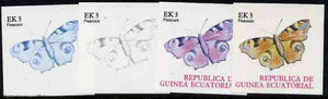 Equatorial Guinea 1977 Butterflies EK3 (Peacock) set of 4 imperf progressive proofs on ungummed paper comprising 1, 2, 3 and all 4 colours (as Mi 1198)
