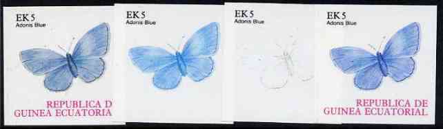 Equatorial Guinea 1977 Butterflies EK5 (Adonis Blue) set of 4 imperf progressive proofs on ungummed paper comprising 1, 2, 3 and all 4 colours (as Mi 1199)
