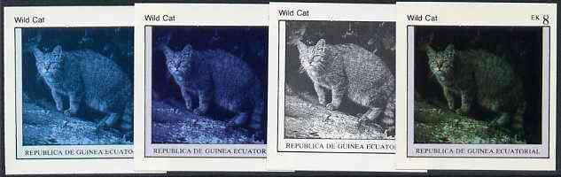 Equatorial Guinea 1976 Cats EK8 (Wild Cat) set of 4 imperf progressive proofs on ungummed paper comprising 1, 2, 3 and all 4 colours (as Mi 800)