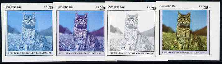 Equatorial Guinea 1976 Cats EK200 (Domestic Cat) set of 4 imperf progressive proofs on ungummed paper comprising 1, 2, 3 and all 4 colours (as Mi 804)