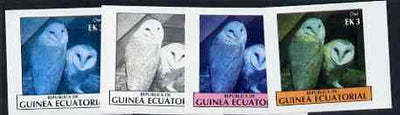 Equatorial Guinea 1977 Birds EK3 (Owls) set of 4 imperf progressive proofs on ungummed paper comprising 1, 2, 3 and all 4 colours (as Mi 1206)