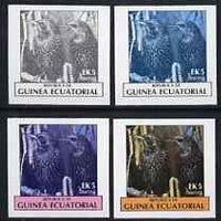 Equatorial Guinea 1977 Birds EK5 (Starlings) set of 4 imperf progressive proofs on ungummed paper comprising 1, 2, 3 and all 4 colours (as Mi 1207)