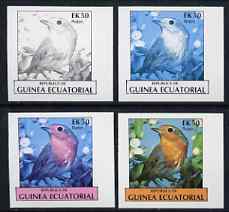 Equatorial Guinea 1977 Birds EK50 (Robin) set of 4 imperf progressive proofs on ungummed paper comprising 1, 2, 3 and all 4 colours (as Mi 1210)