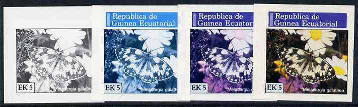 Equatorial Guinea 1976 Butterflies EK5 (Melanargia galathea) set of 4 imperf progressive proofs on ungummed paper comprising 1, 2, 3 and all 4 colours (as Mi 966)