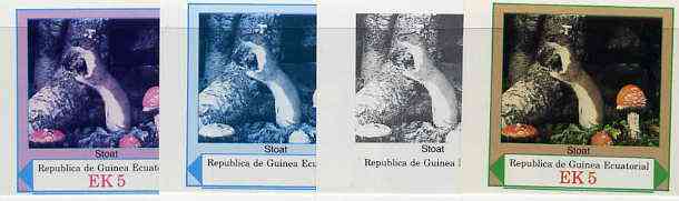 Equatorial Guinea 1977 European Animals EK5 (Stoat and Wild Mushrooms) set of 4 imperf progressive proofs on ungummed paper comprising 1, 2, 3 and all 4 colours (as Mi 1139)