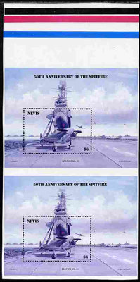 Nevis 1986 Spitfire (Seafire) on Aircraft Carrier $6 m/sheet with yellow omitted vertical pair from uncut press sheet with colour check bars at top (also showing yellow missing) unmounted mint (SG MS 376) only 20 such pairs can exist.