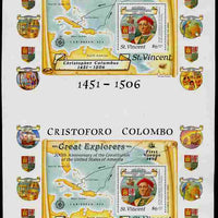 St Vincent 1988 Columbus m/sheet (Unissued $6) vertical pair from uncut press sheet being perforated on three sides only (imperf at bottom) unmounted mint and scarce (only 17 pairs exist).