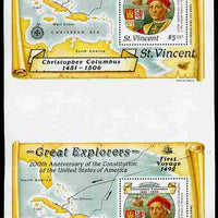 St Vincent 1988 Columbus $5 m/sheet vertical pair from uncut press sheet unmounted mint and scarce (only 45 pairs exist).