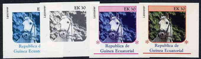 Equatorial Guinea 1976 Horses EK30 (Lipizzaner) set of 4 imperf progressive proofs on ungummed paper comprising 1, 2, 3 and all 4 colours (as Mi 810)