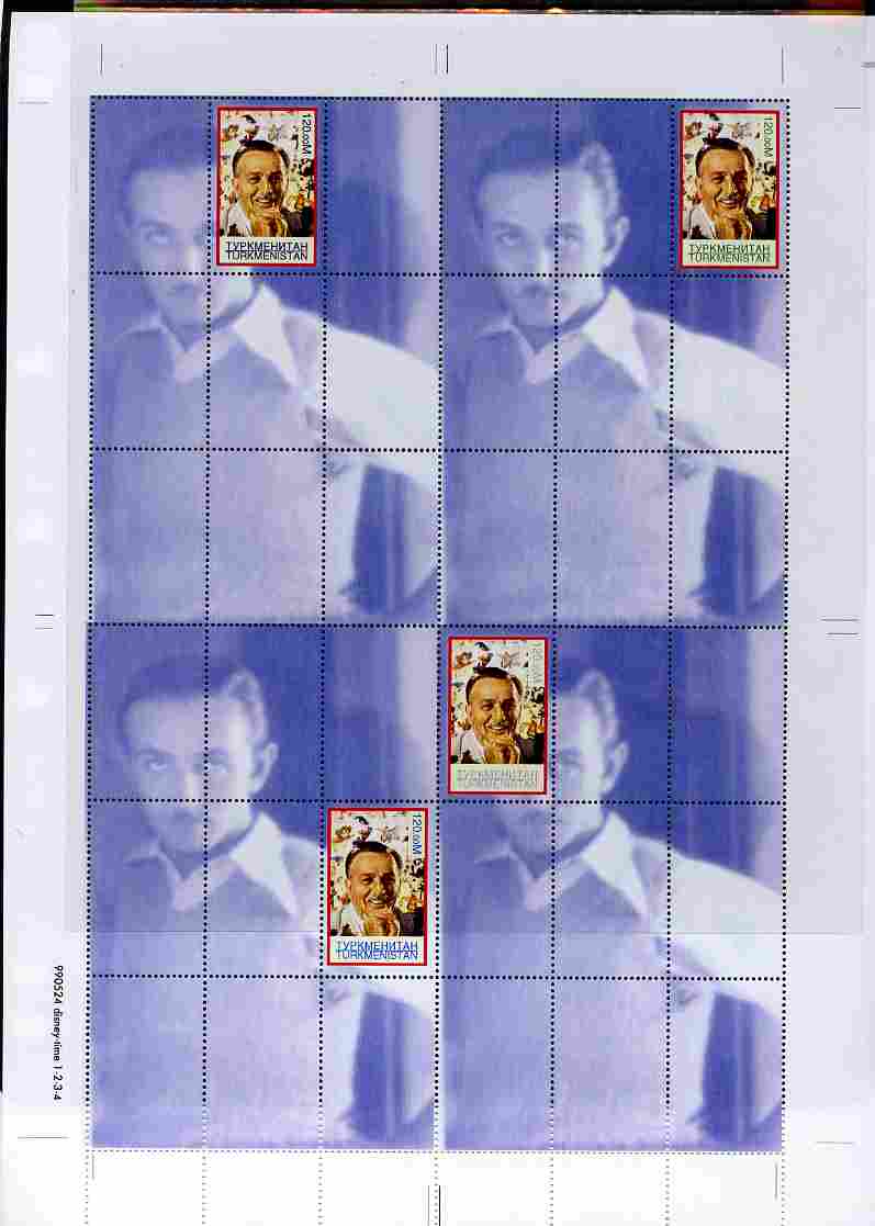 Turkmenistan 1999 Personalities - Walt Disney uncut perforated proof sheet containing 4 souvenir sheets with Disney stamp in positions 1, 2, 3 & 6, unmounted mint and scarce with less than 10 such sheets produced