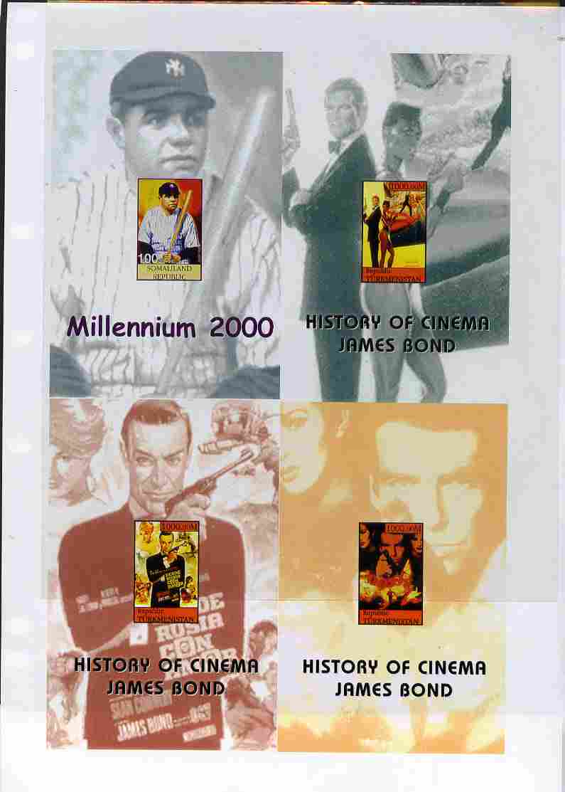 Turkmenistan 1999 History of the Cinema uncut imperforate proof sheet containing three James Bond s/sheets plus Somaliland Babe Ruth s/sheet, unmounted mint and scarce with less than 5 such sheets produced. Note this item is priva……Details Below