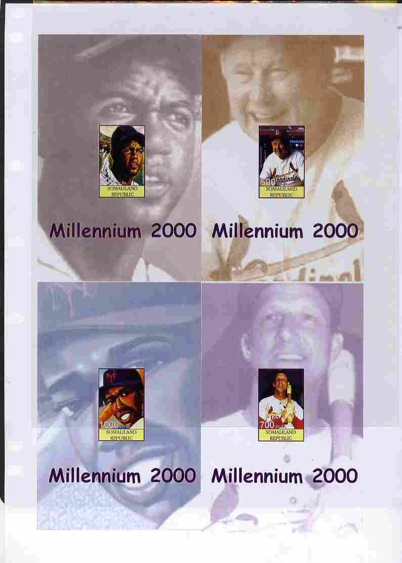 Somaliland 2000 Millennium uncut imperforate proof sheet containing four Baseball s/sheets (Jackie Robinson, Red Schoendienst, Willie Mays & Stan Musial) unmounted mint and scarce with less than 5 such sheets produced
