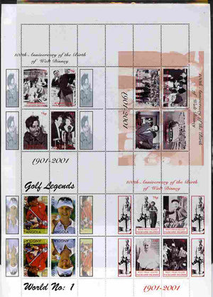 Falkland Islands 2001 Birth Centenary of Walt Disney uncut perforated proof sheet containing sheetlets of 4 from Westpoint, Bleaker Island & West Swan Island plusAngola Golf sheetlet of 4, unmounted mint and scarce with less than ……Details Below