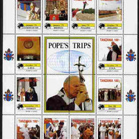 Tanzania 1992 Pope's Visits 1979-80 perf sheet of 16 containing 12 values plus 4 labels unmounted mint but corner creased