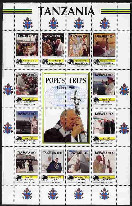 Tanzania 1992 Pope's Visits 1986-88 perf sheet of 16 containing 12 values plus 4 labels unmounted mint