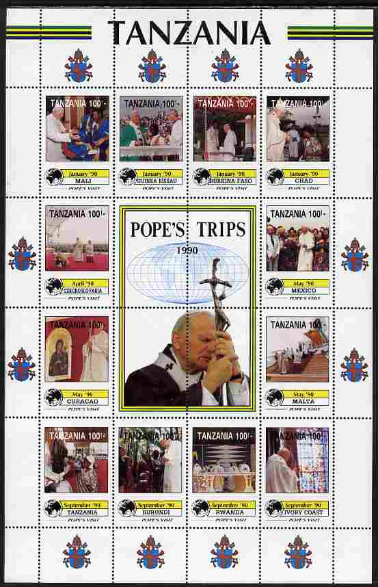 Tanzania 1992 Pope's Visits 1990 perf sheet of 16 containing 12 values plus 4 labels unmounted mint