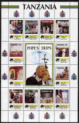 Tanzania 1992 Pope's Visits 1990 perf sheet of 16 containing 12 values plus 4 labels unmounted mint