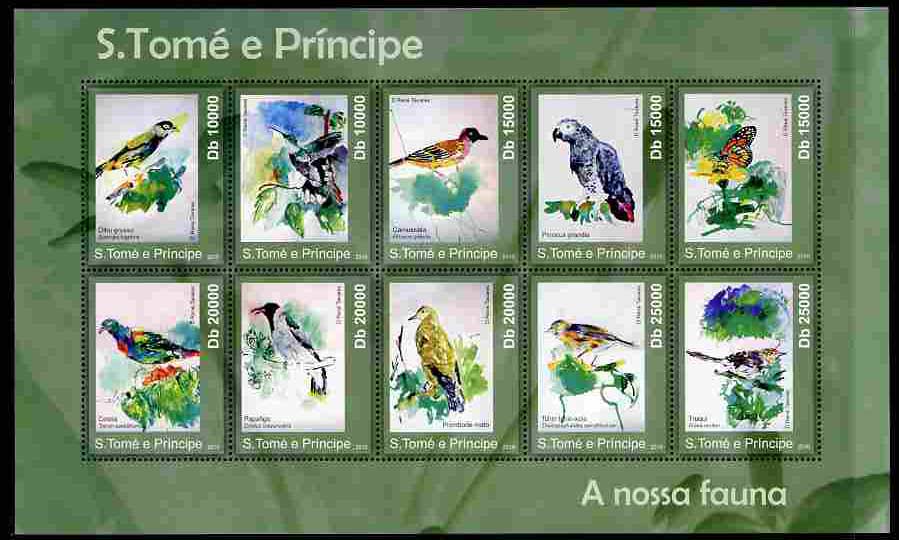 St Thomas & Prince Islands 2010 Birds & Butterflies perf sheetlet containing 10 values unmounted mint